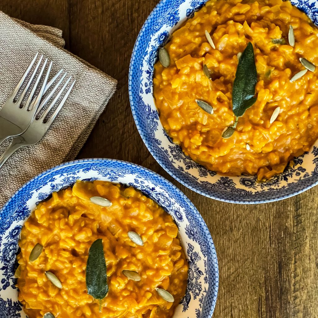 pumpkin risotto on on two bowls