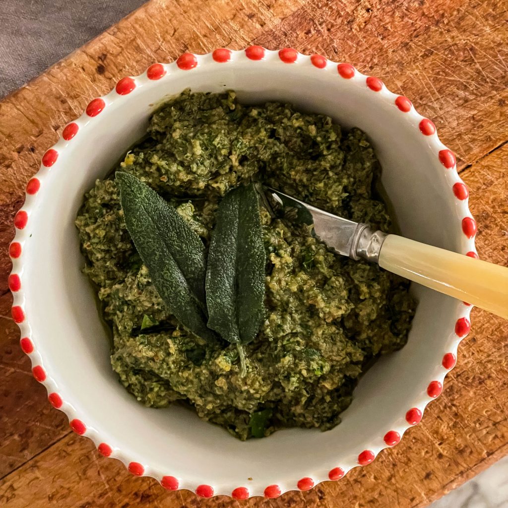 Walnut Sage Pesto on a bowl