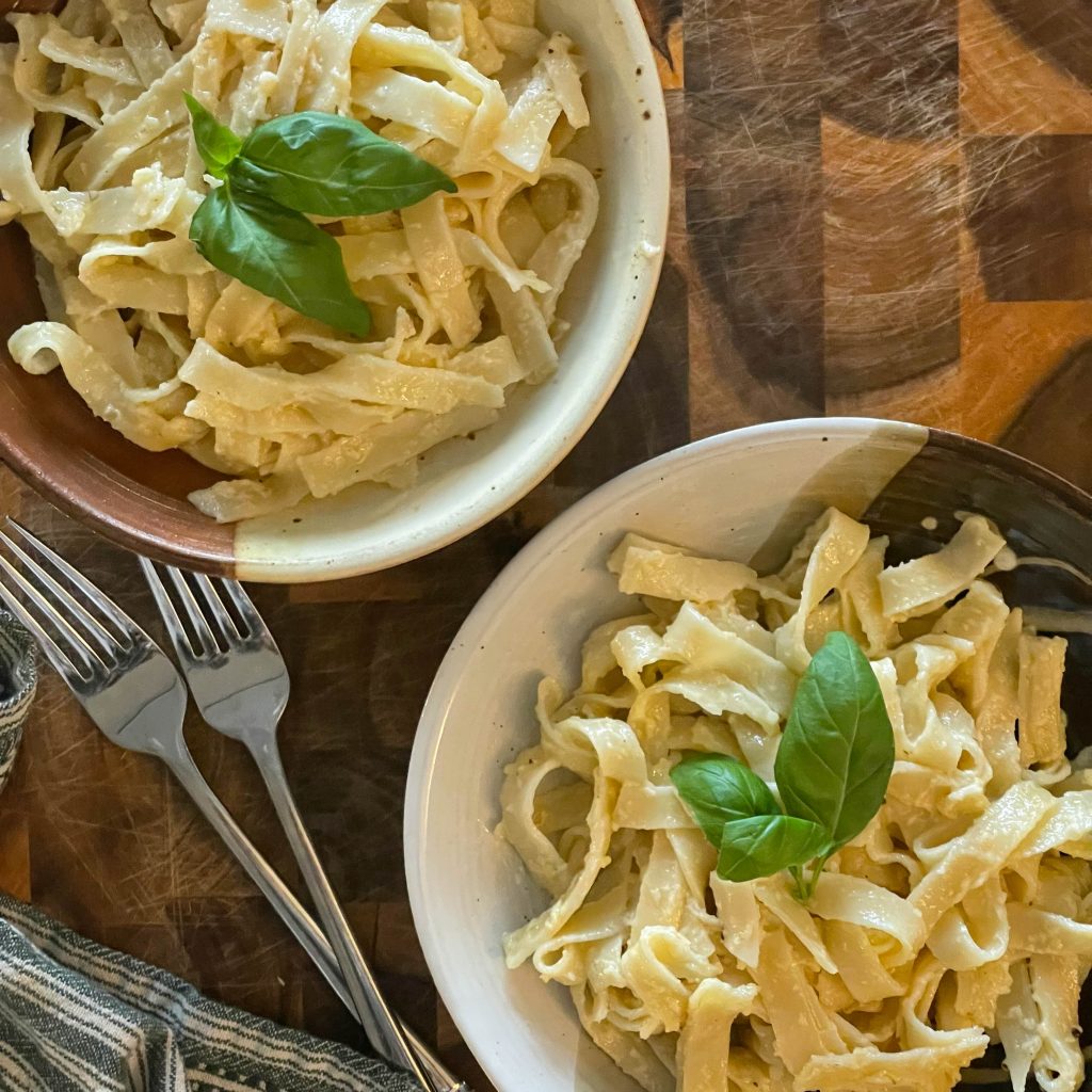 two bowls of christmas fettuccine