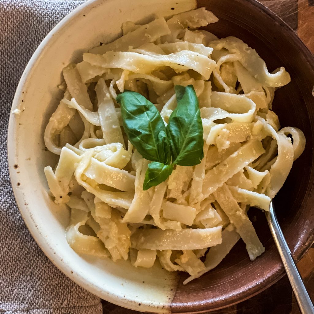 a bowl of christmas fettuccine