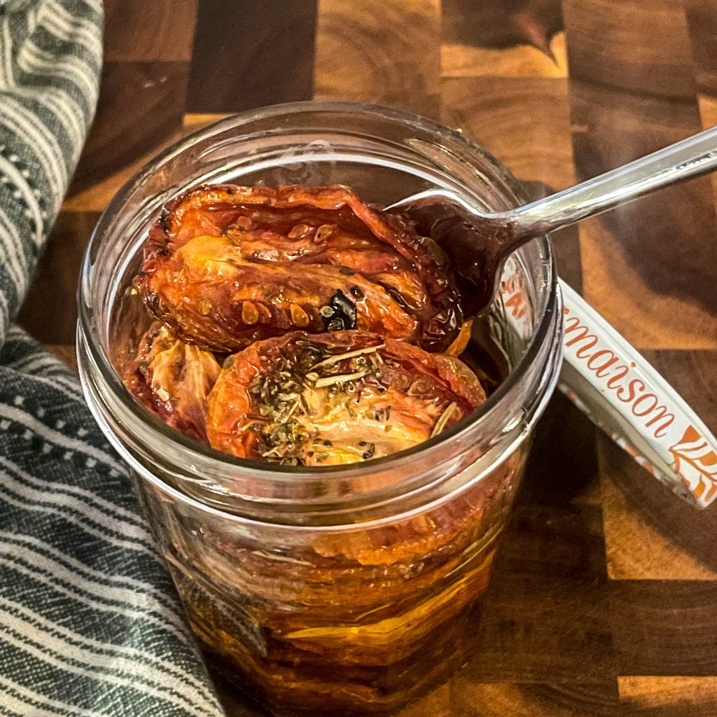 slow roasted tomatoes on a jar