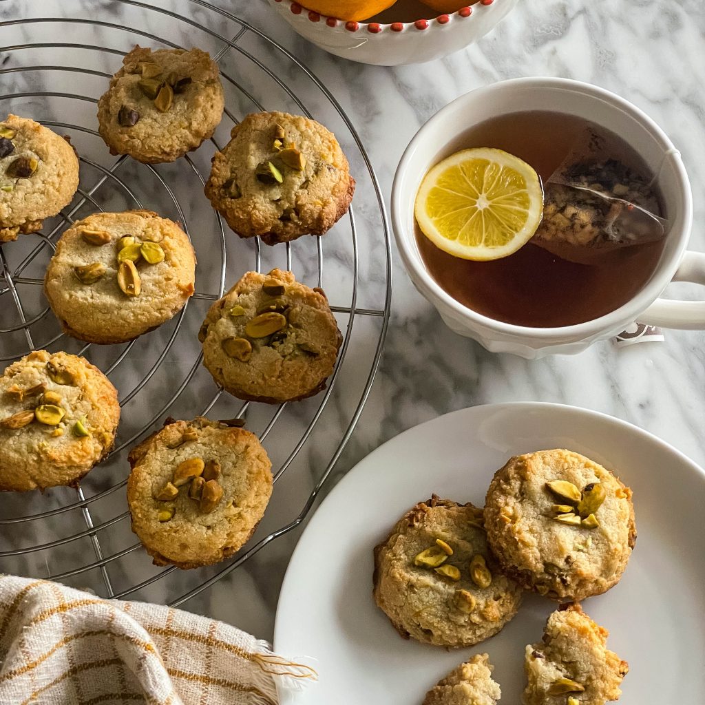 top view of lemon honey shortbread cookies and tea