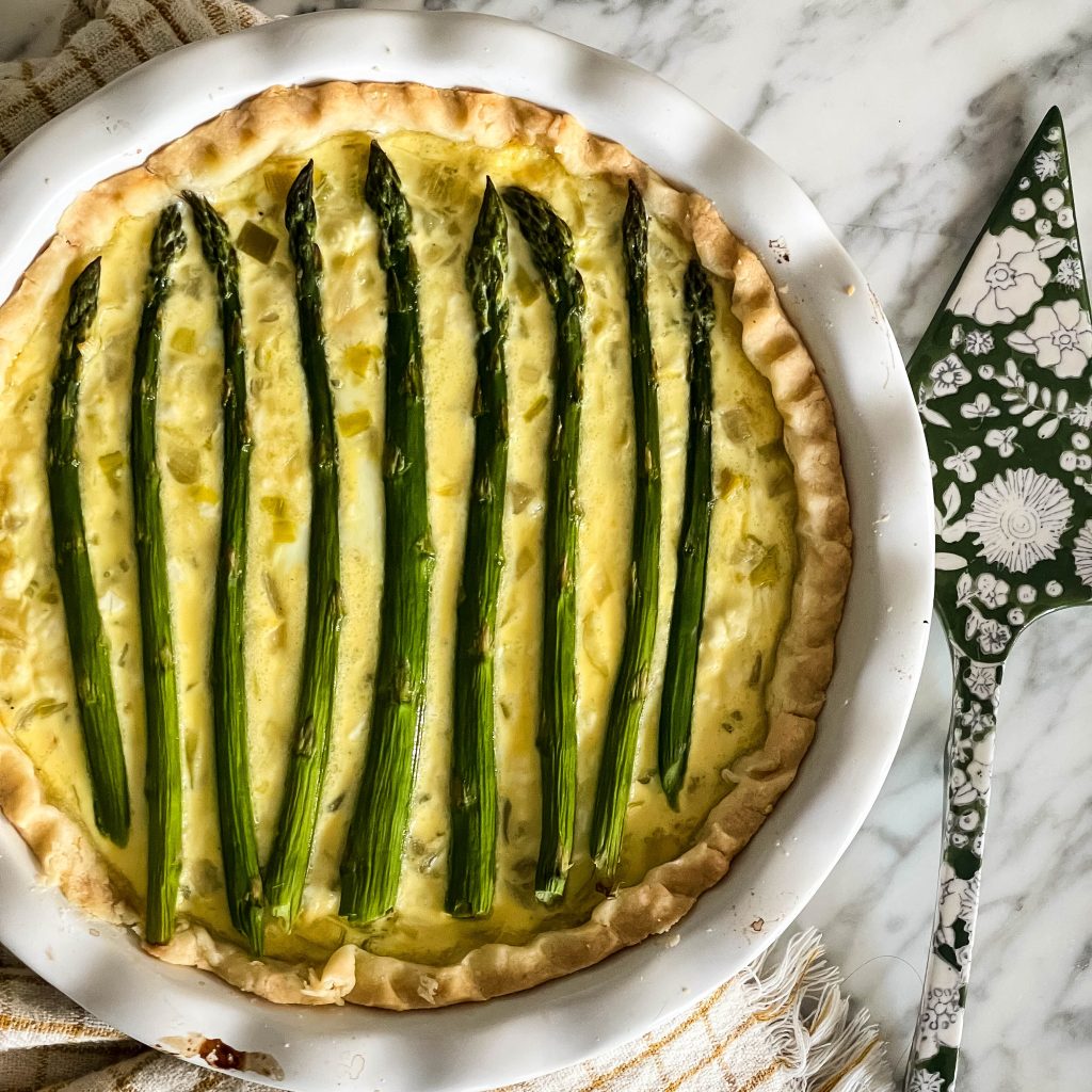 top view of asparagus and goat cheese quiche